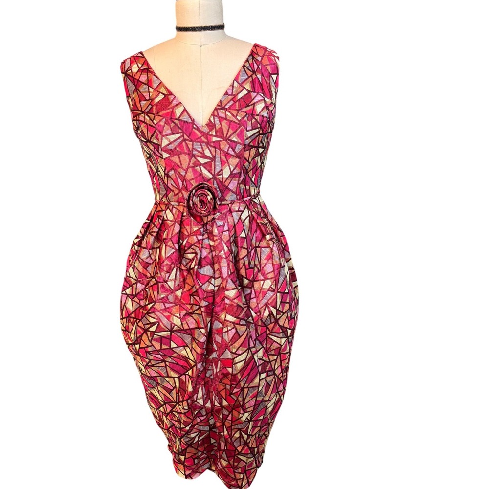 Geometric Mosaic Print Bettie Page Sheath Dress S Pink Red Gold